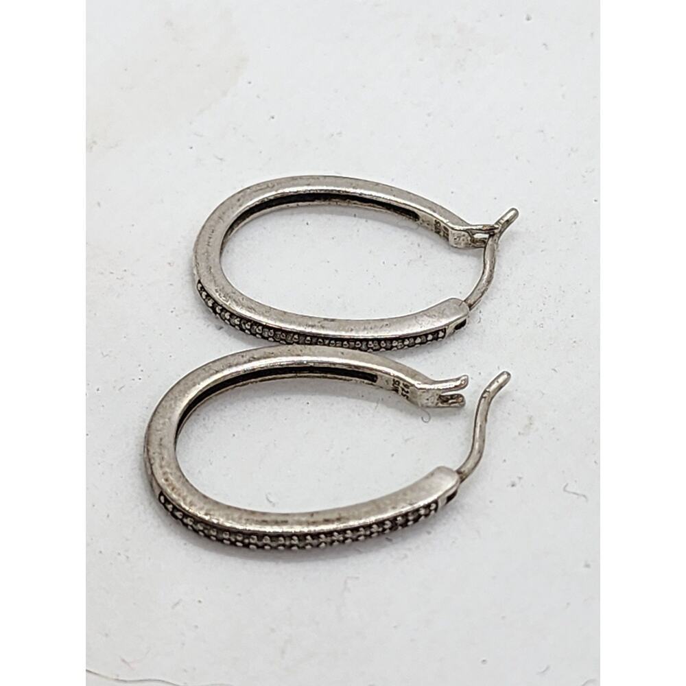 Sterling Silver Diamond Hoop Earrings Pave Set Oval Hoops Vintage Style - Picture 14 of 16